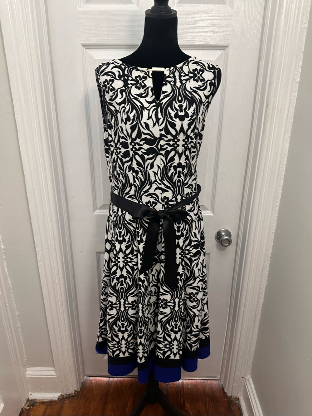 Haani Black and White Printed Midi Dress with Black Satin Sash